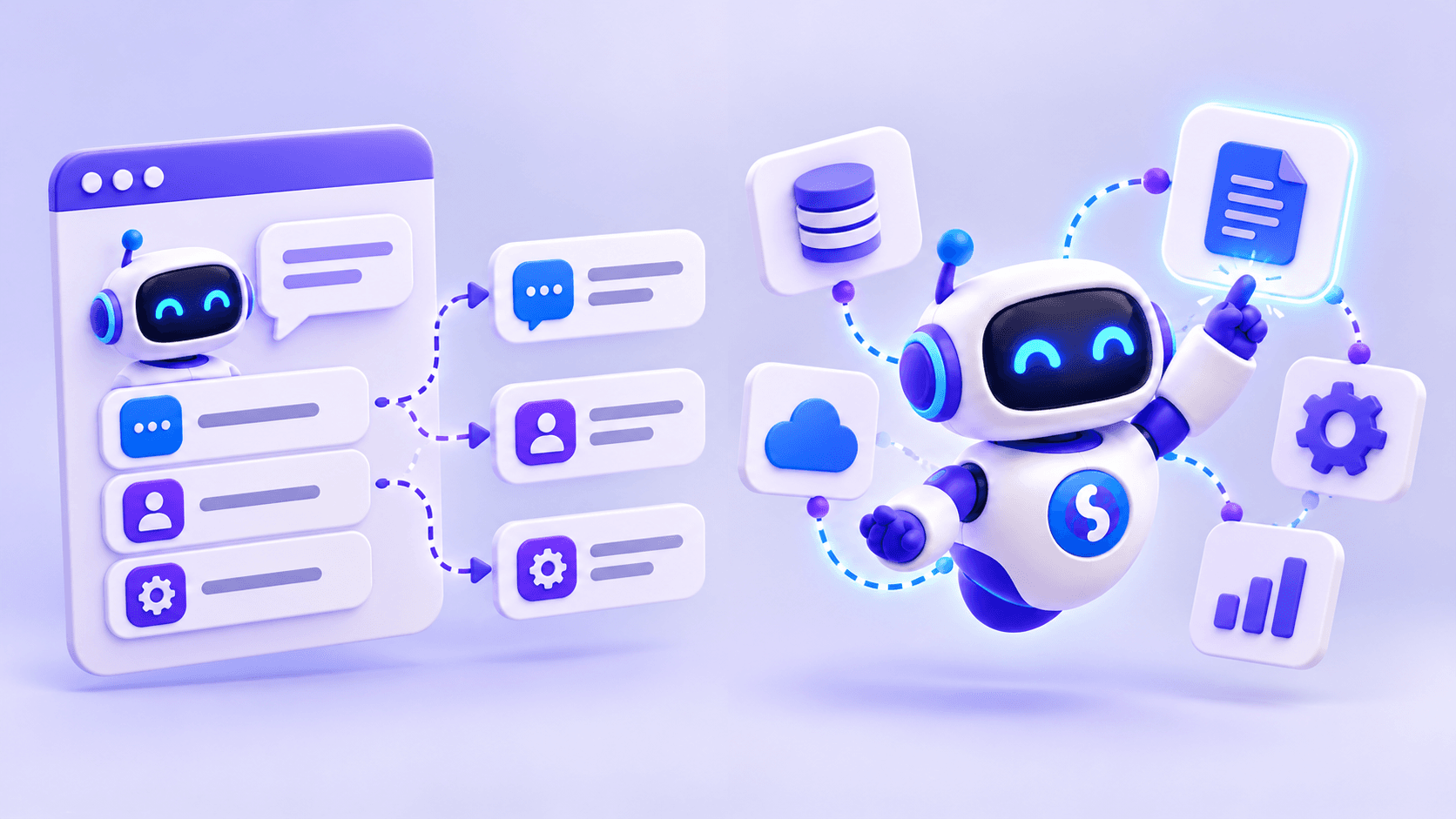Comparación visual entre un chatbot con opciones definidas y un agente de IA que utiliza herramientas