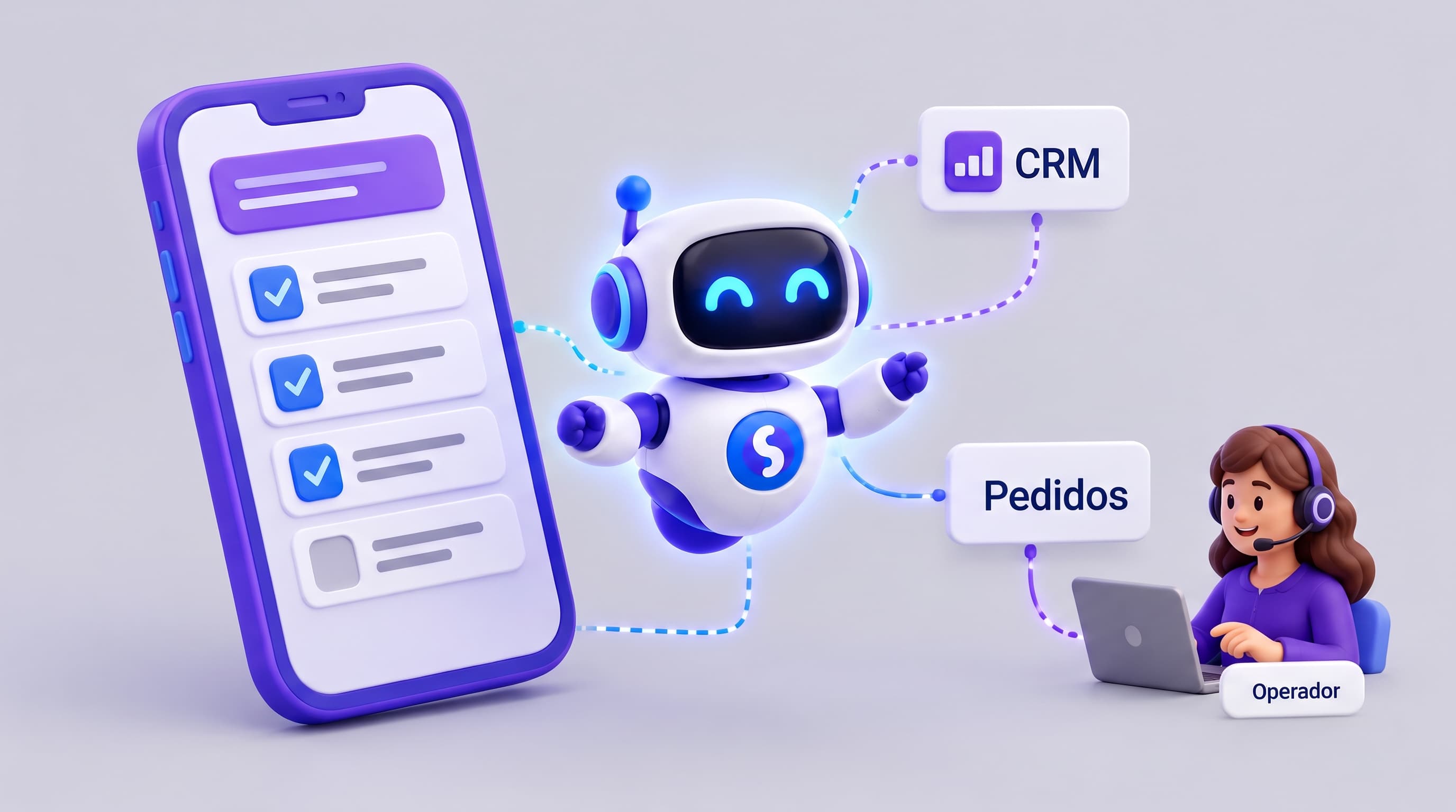 Agente de IA conectado con una conversación, un CRM, pedidos y una operadora humana
