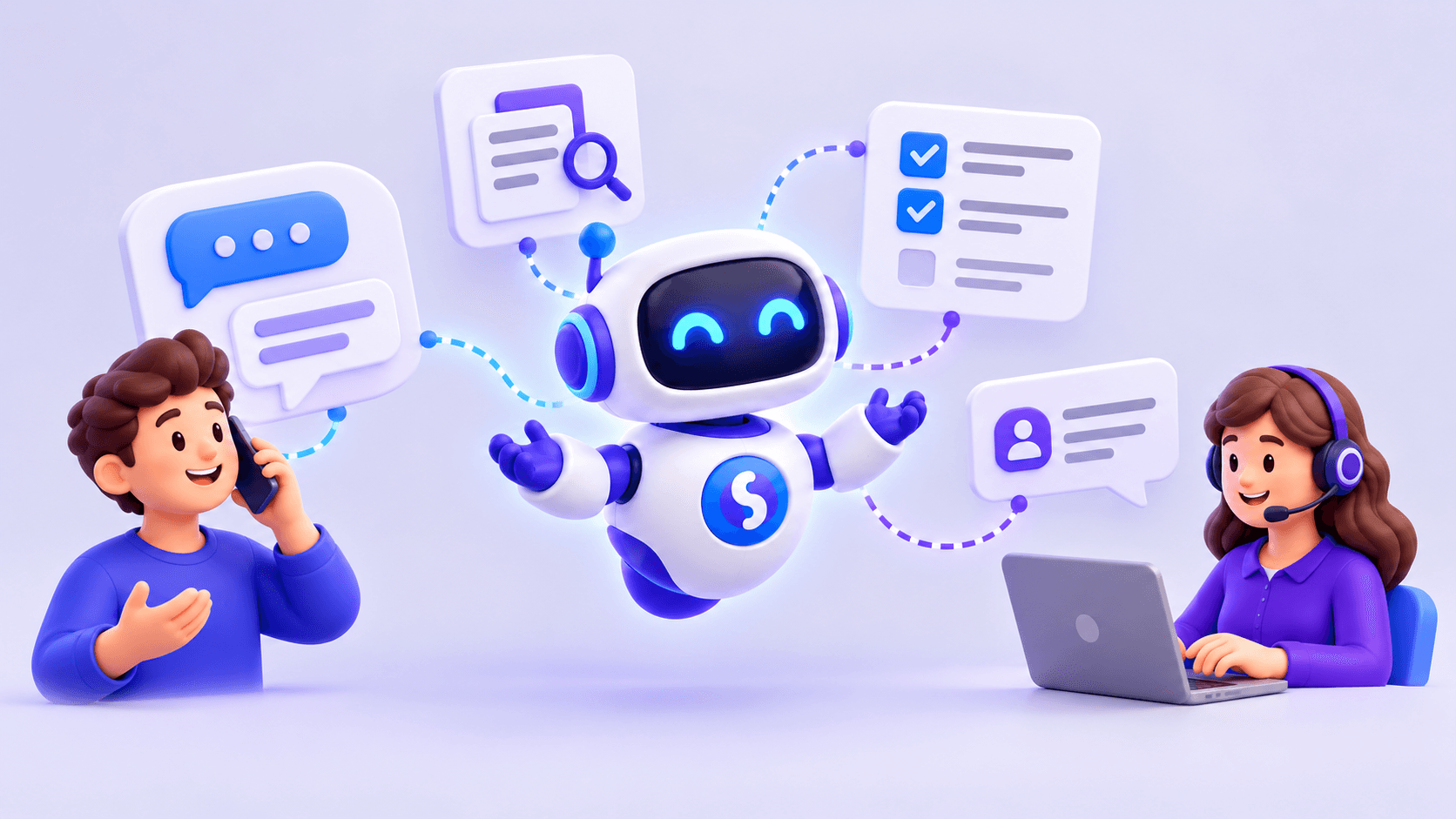 Cliente, agente de IA y operadora colaboran para resolver consultas con información de la empresa